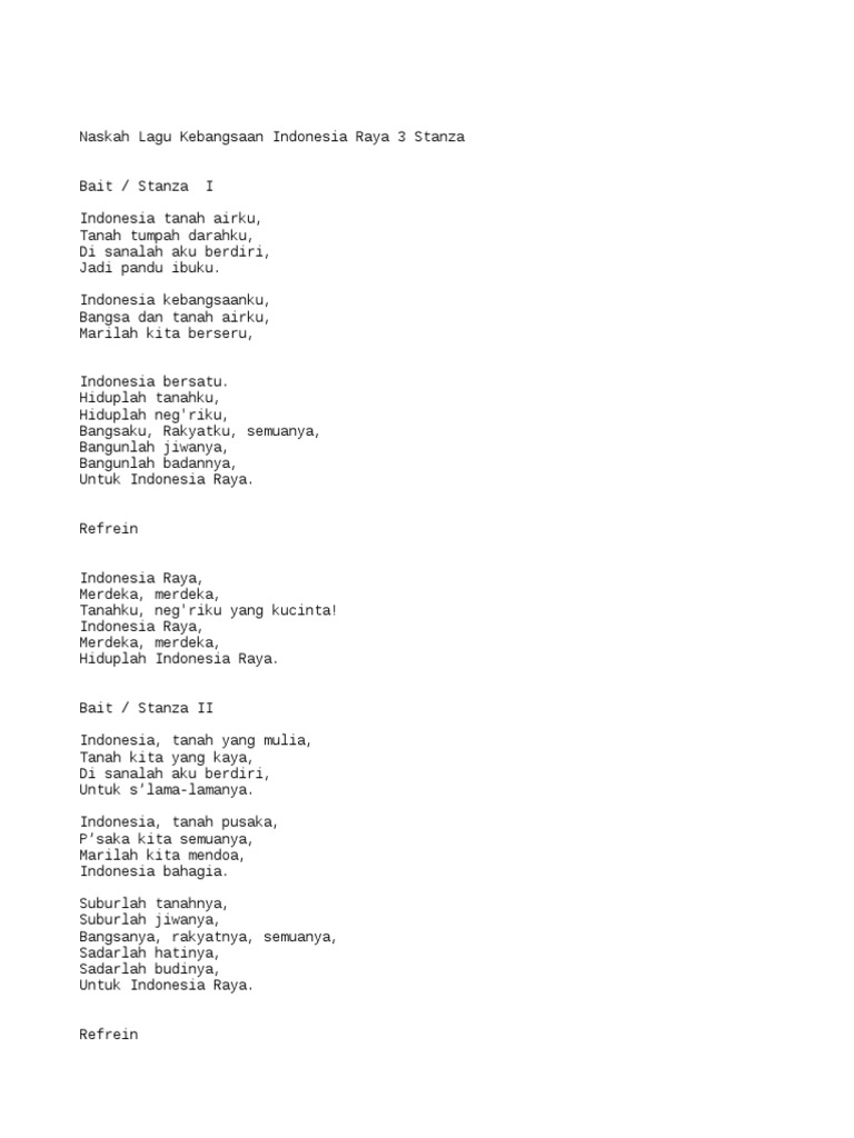 Naskah Lagu Indonesia Raya 3 Stanza | PDF