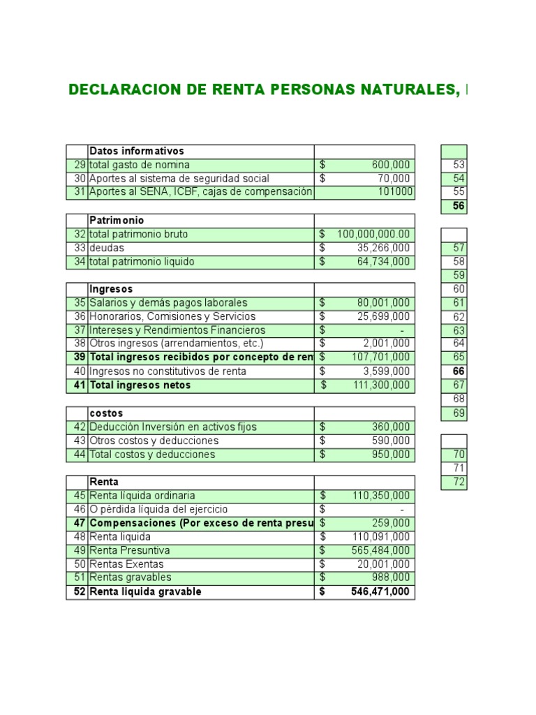 Plantilla Declaracion de Renta Persona Natural No Obligada A Llevar ...
