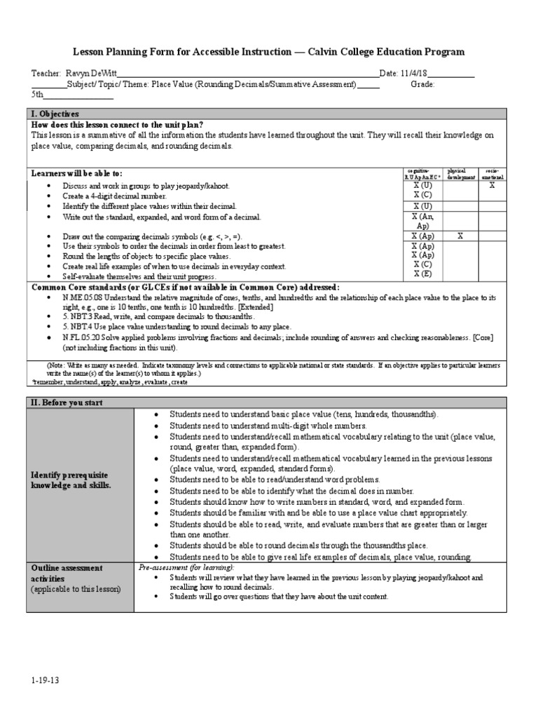 Lesson 5 Unit Plan PDF Educational Assessment Rubric (Academic)
