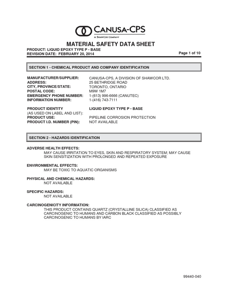 MSDS P Epoxy Base Firefighting Personal Protective Equipment