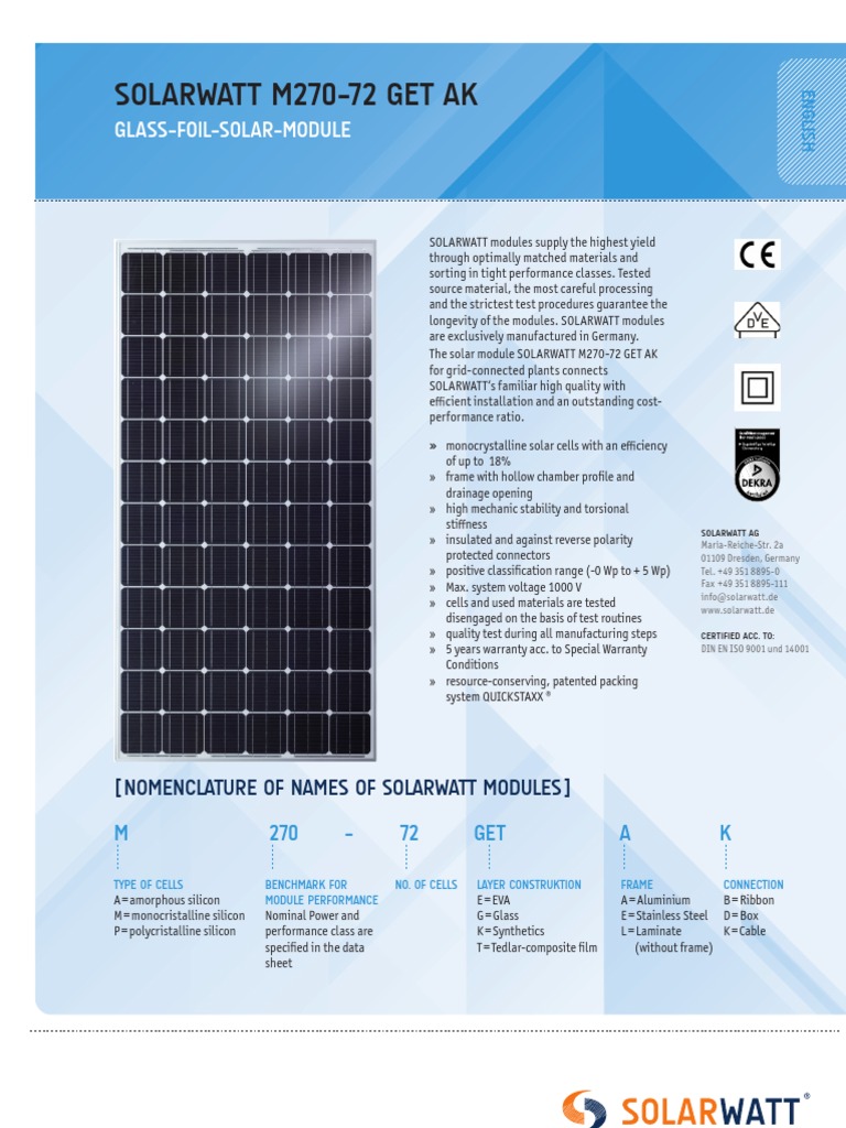 Solarwatt m270-72 Get Ak - Eng - Sunlux | PDF | Solar Cell | Solar Panel