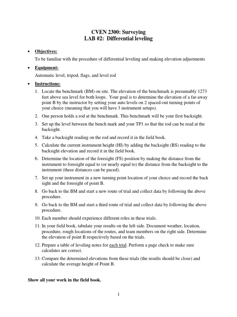 CVEN 2300 Surveying LAB 2 Differential Leveling Show All Your Work