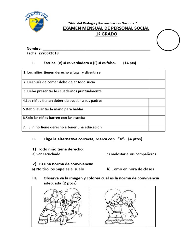 Examen Mensual De Personal Social 1º Grado