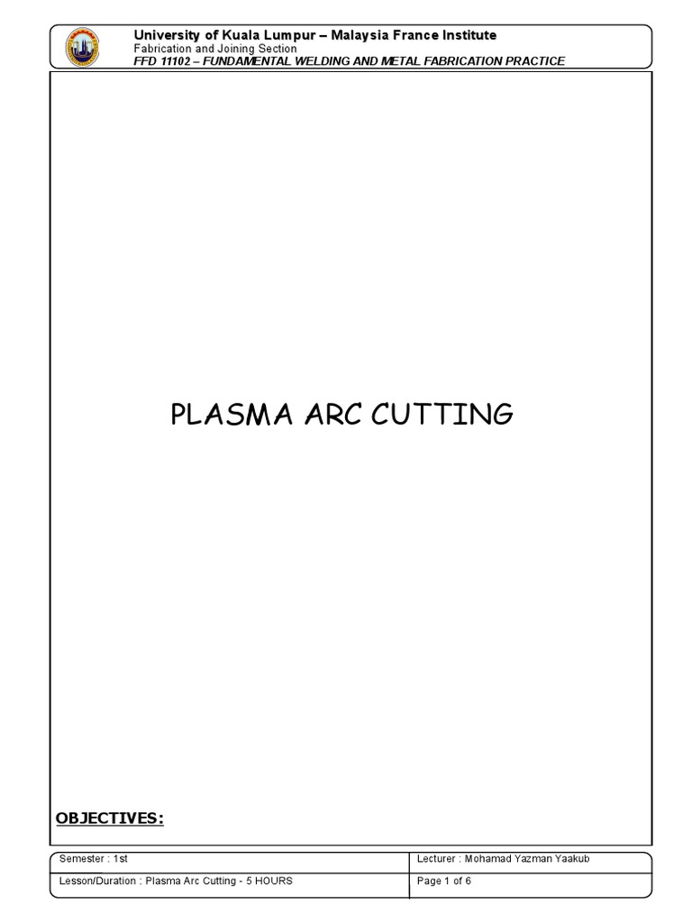 Plasma Arc Cutting University of Kuala Lumpur Malaysia France