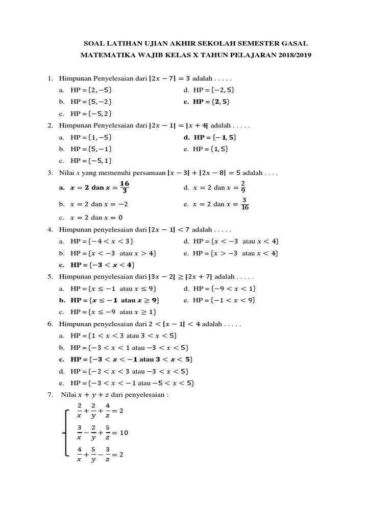 Soal Latihan Ujian Akhir Sekolah Matematika Semester Gasal Kelas X