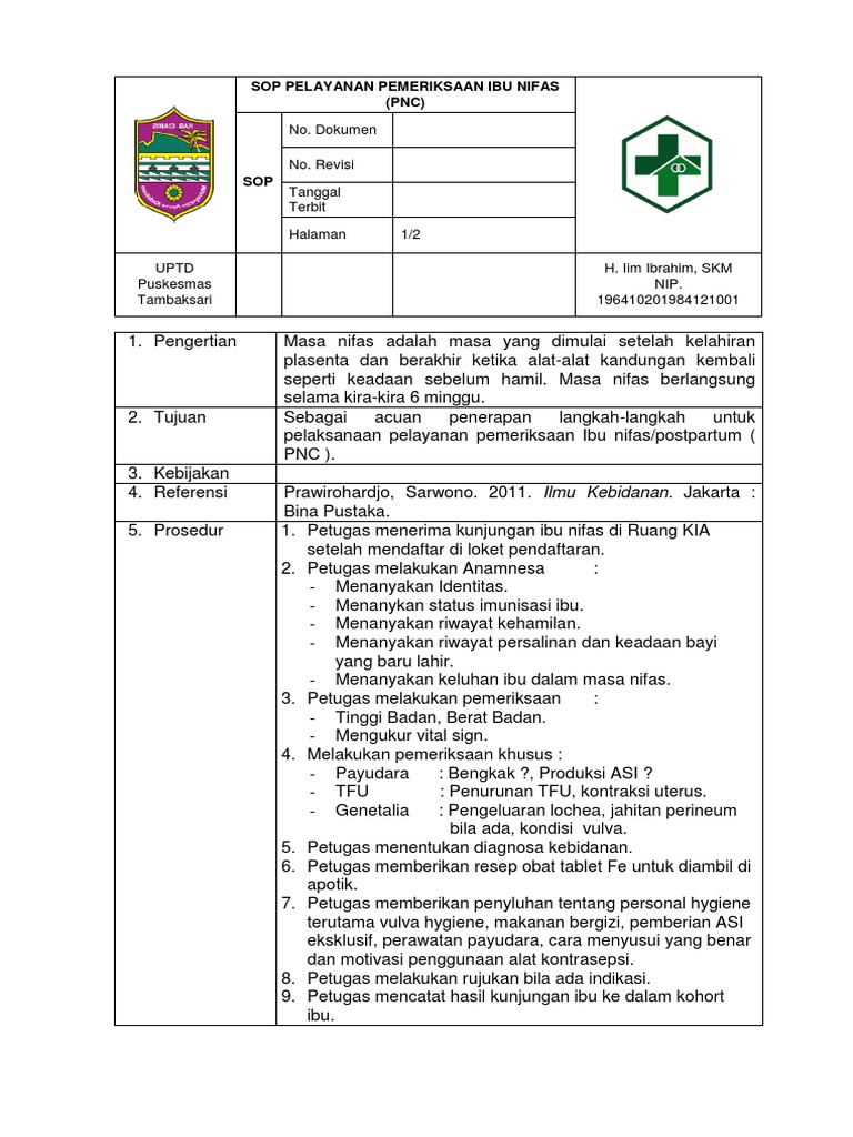 Sop Pelayanan Pemeriksaan Ibu Nifas