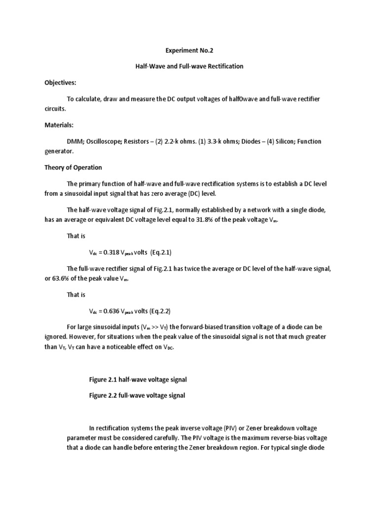 Experiment No.2 Half-Wave and Full-Wave Rectification Objectives | PDF ...