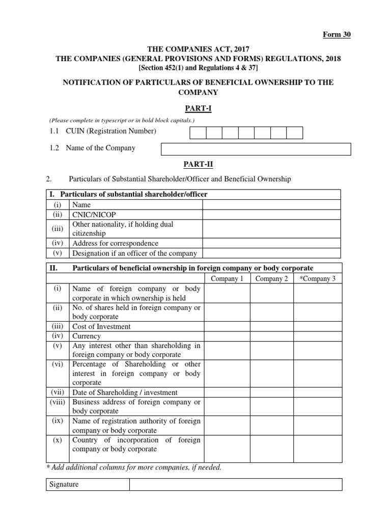 Form 30 Notification of Particulars of Beneficial Ownership To The