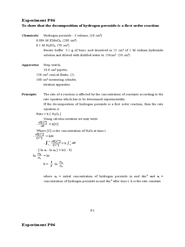 Experiment P06: To Show That The Decomposition of Hydrogen Peroxide Is ...