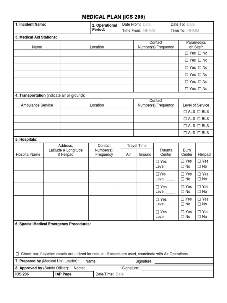 Medical Plan Ics 206 Date Date Hhmm Hhmm Emergency Medical 