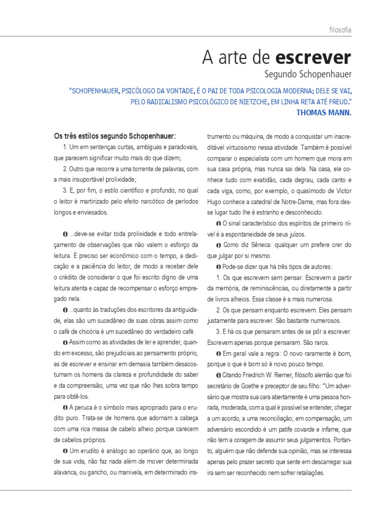 A Arte de Escrever PDF | PDF | Pensamento | Arthur Schopenhauer