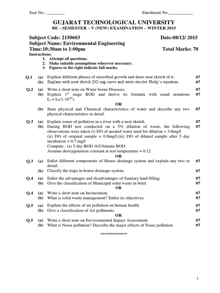 Environmental Engineering Exam Paper 2015 | PDF | Environmental ...