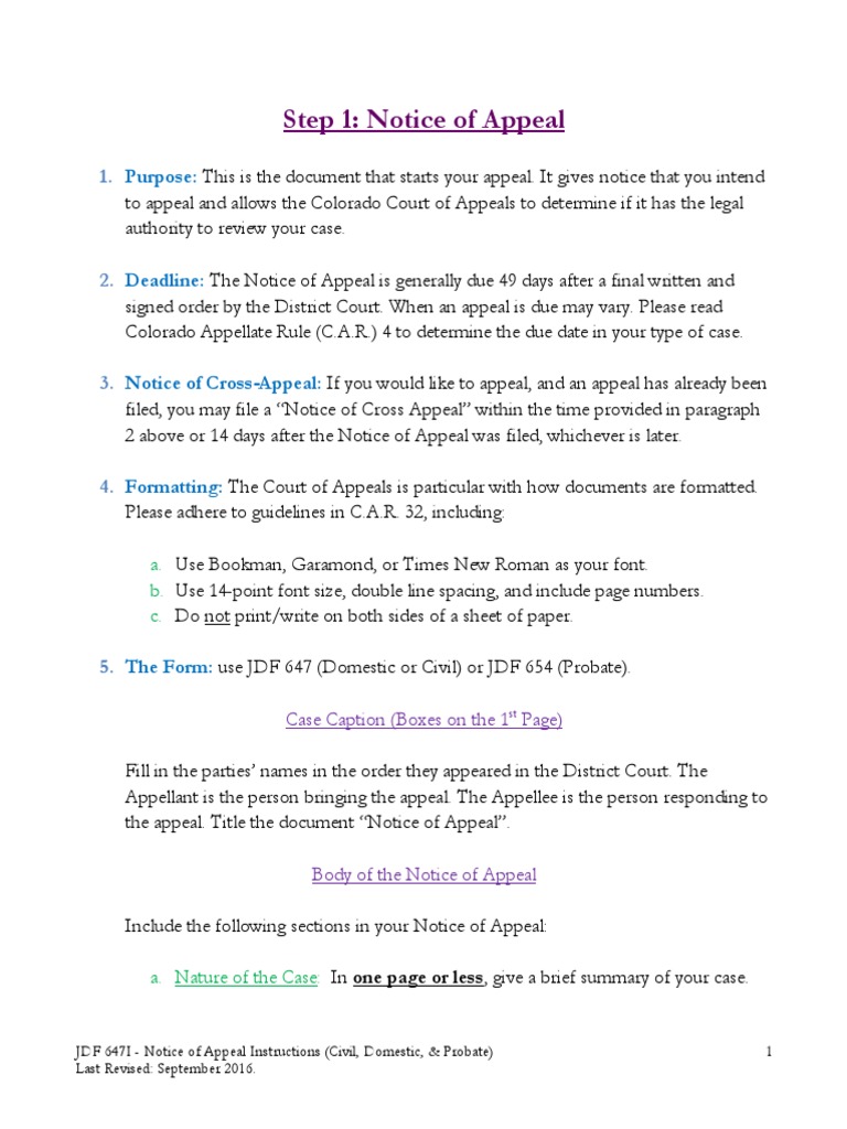 Step 1 Notice of Appeal Purpose