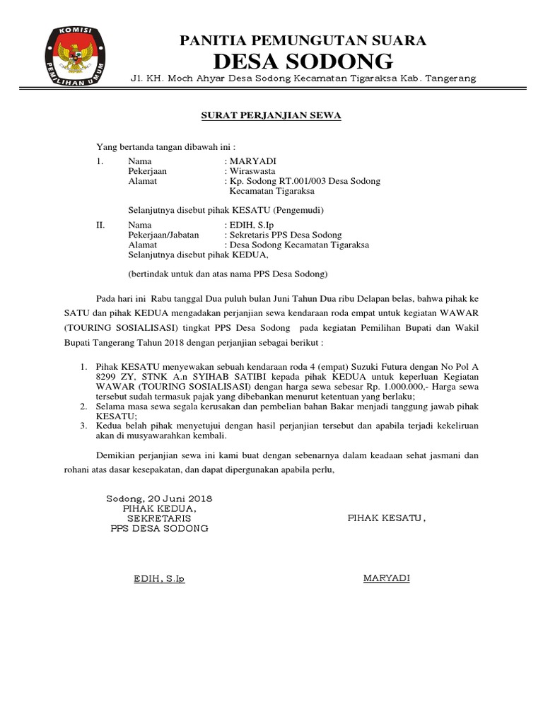Surat Perjanjian Sewa Kendaraan