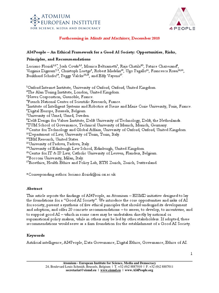 AI4People - An Ethical Framework For A Good AI Society: Opportunities ...