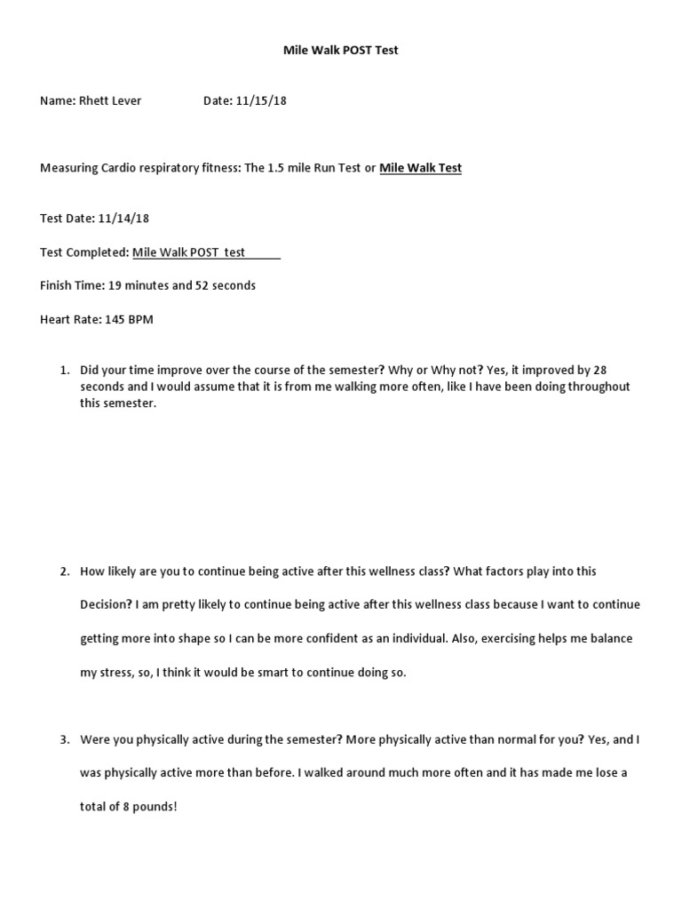 Mile Walk Test Results and Reflection | PDF