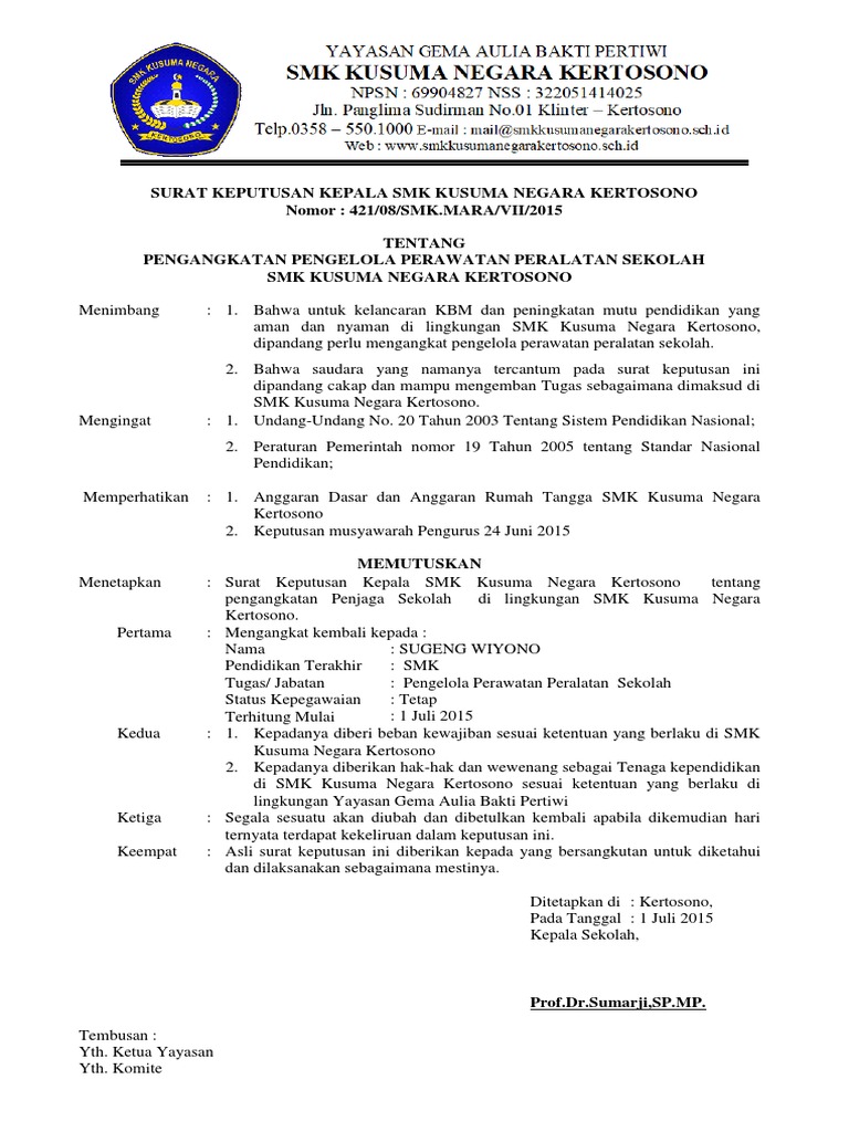 SK Pengangkatan Pengelola SMK Kusuma | PDF