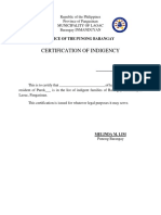Certification of Indigency: Office of The Punong Barangay