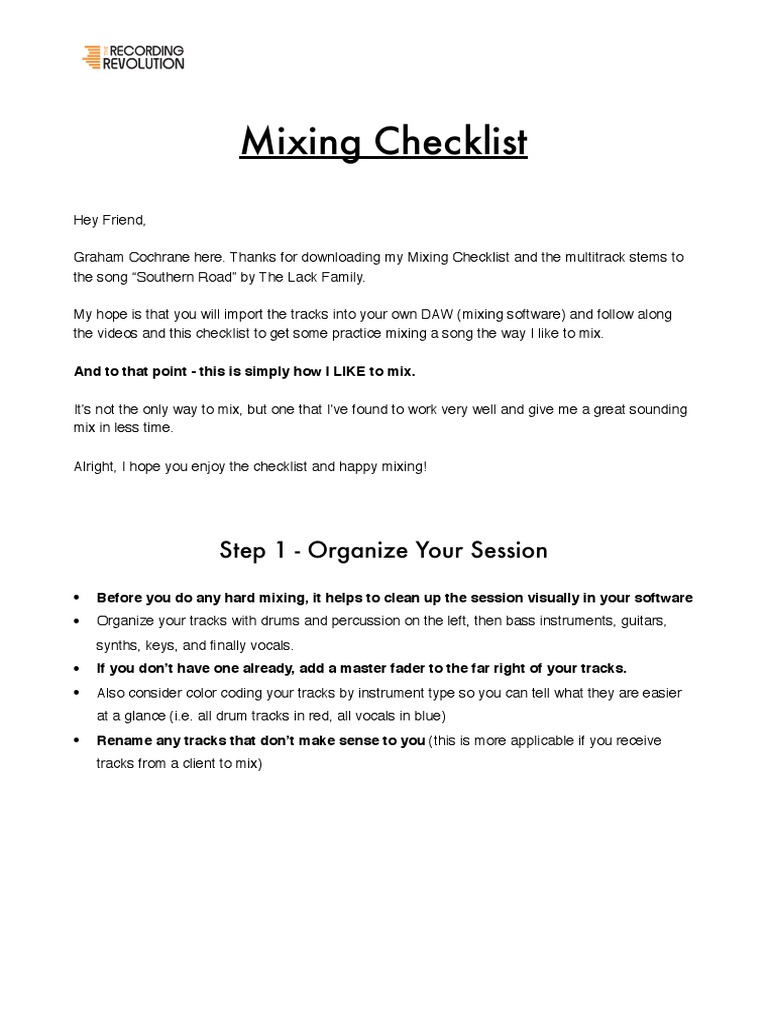 Mixing Checklist Step 1 Organize Your Session Pdf Equalization