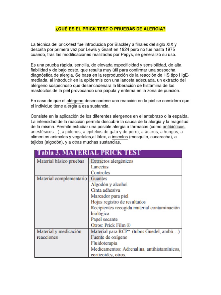Qué Es El Prick Test o Pruebas de Alergia | PDF | Alergia ...