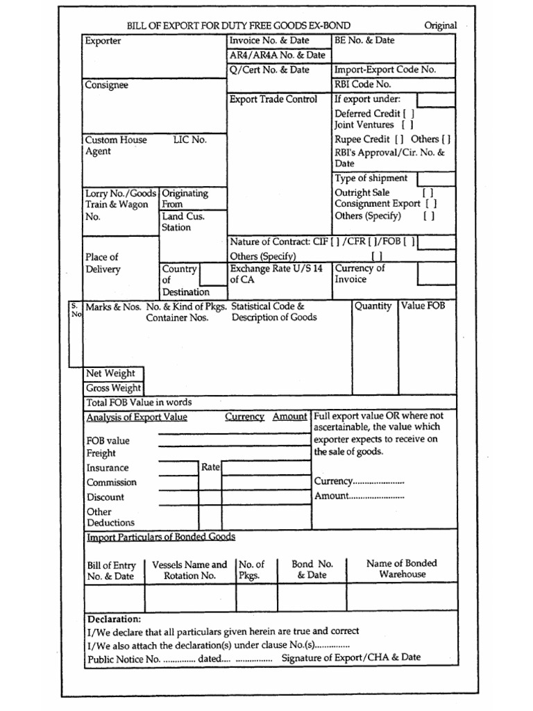 Bill Of Export For Dutyfree Goods Exbond Pdf