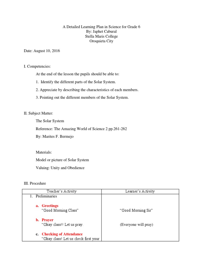 Grade 6 Science Learning Plan: Solar System | PDF | Planets | Solar System