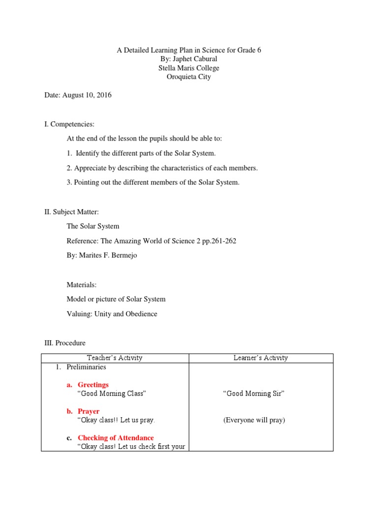 A Detailed Learning Plan In Science For Grade 6 Ez Mmrdocx