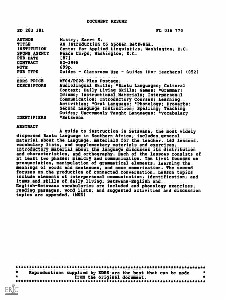 A Guide To Spoken Setswana PDF Vocabulary Linguistics