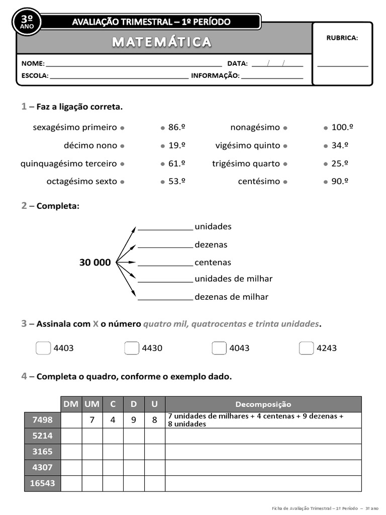 Ficha de Avaliação Trimestral - 1º Período - 3º Ano MAT_Ia