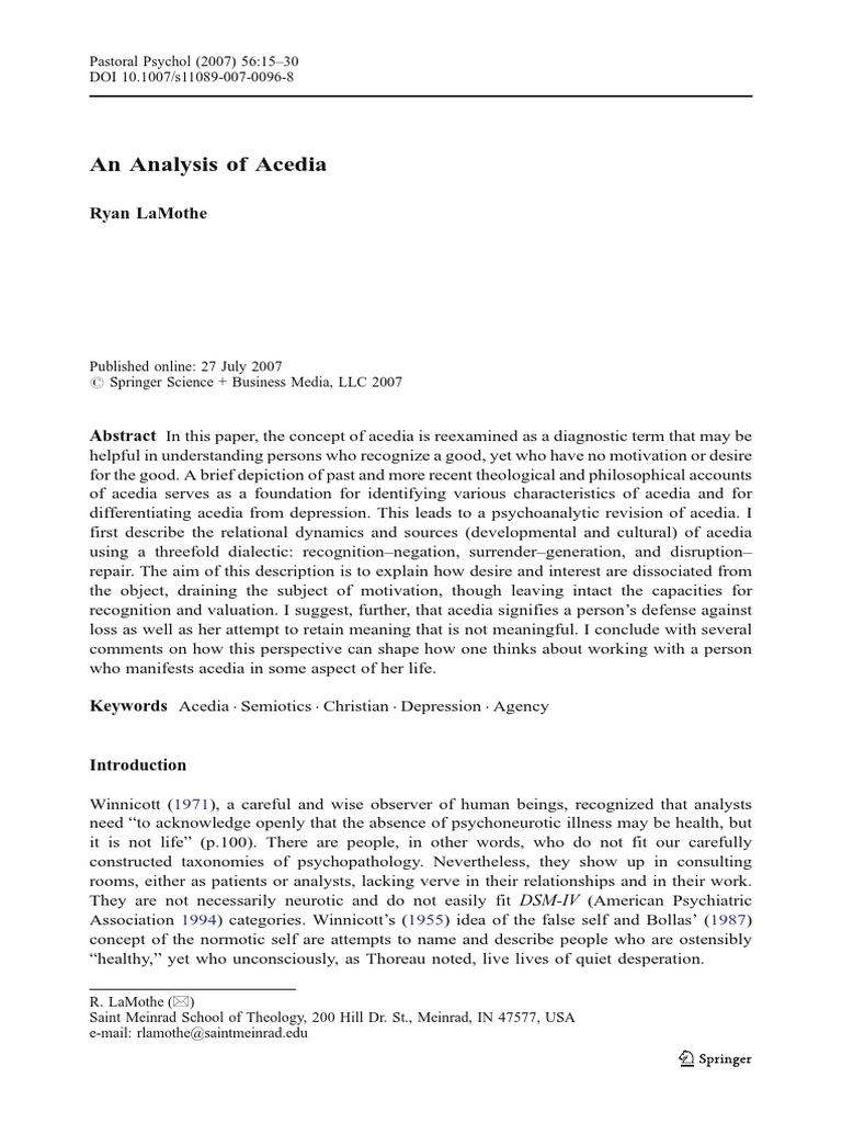 An Analysis of Acedia | PDF | Psychoanalysis | Patriarchy