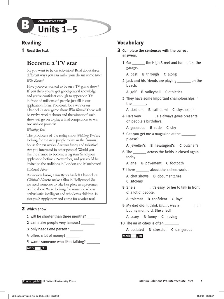 Solutions Pre-Intermediate Cumulative Test B | PDF | Police | Traffic