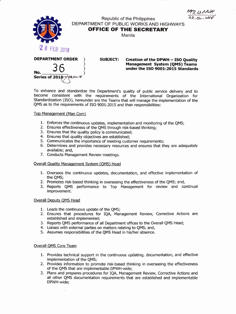 DPWH ISO QMS Team Responsibilities | PDF | Audit | Quality Management ...