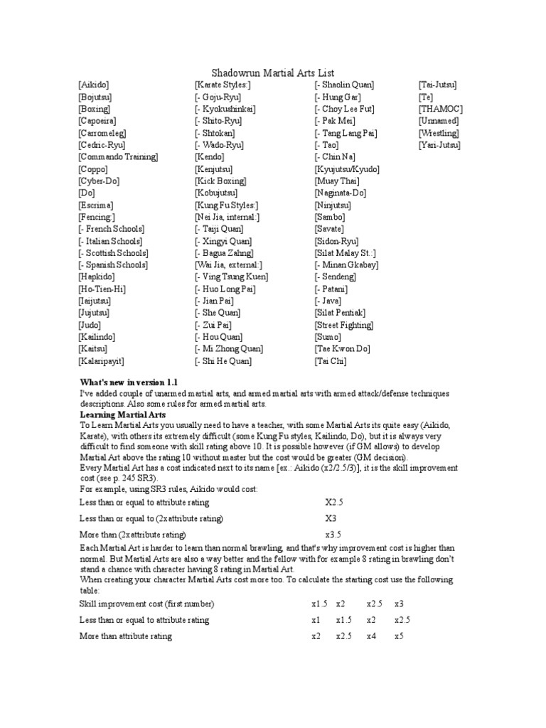Shadowrun (Martial Arts List) PDF Aikido Jujutsu