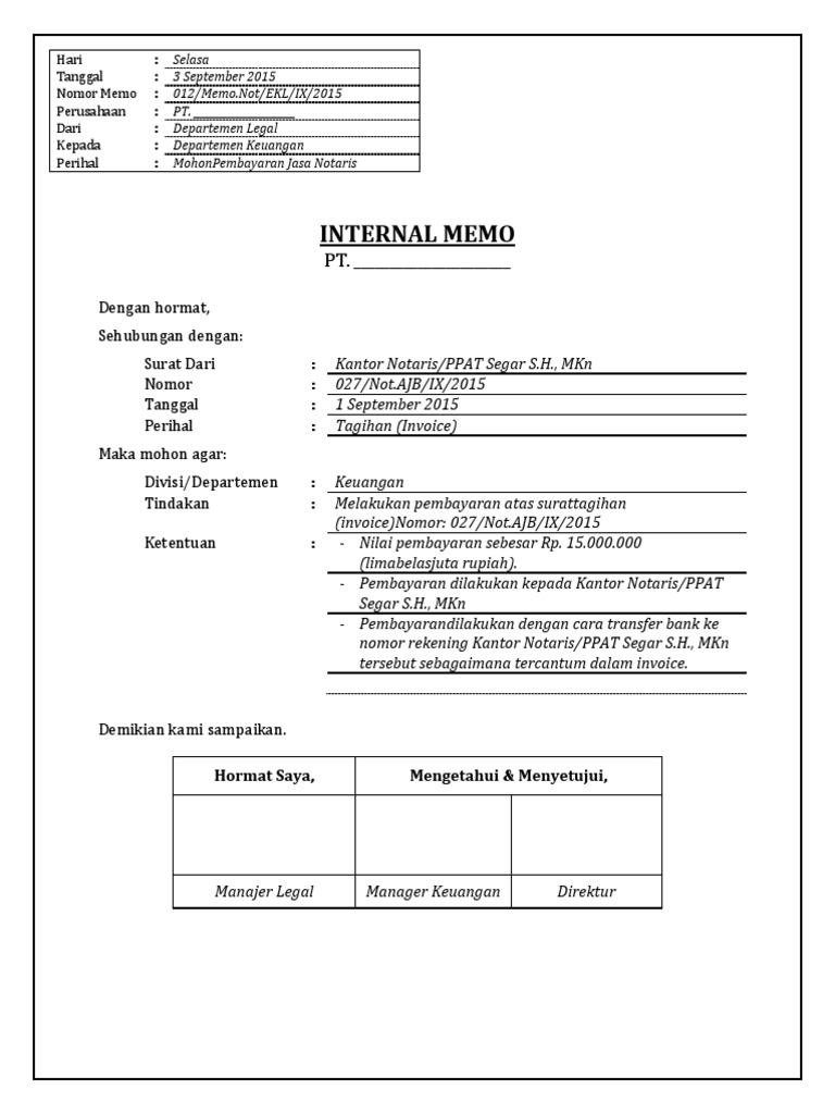 Contoh Memo Internal Perusahaan New | PDF | Pengelolaan Keuangan & Uang | Hukum