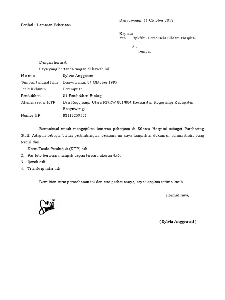 Contoh Surat Lamaran kerja