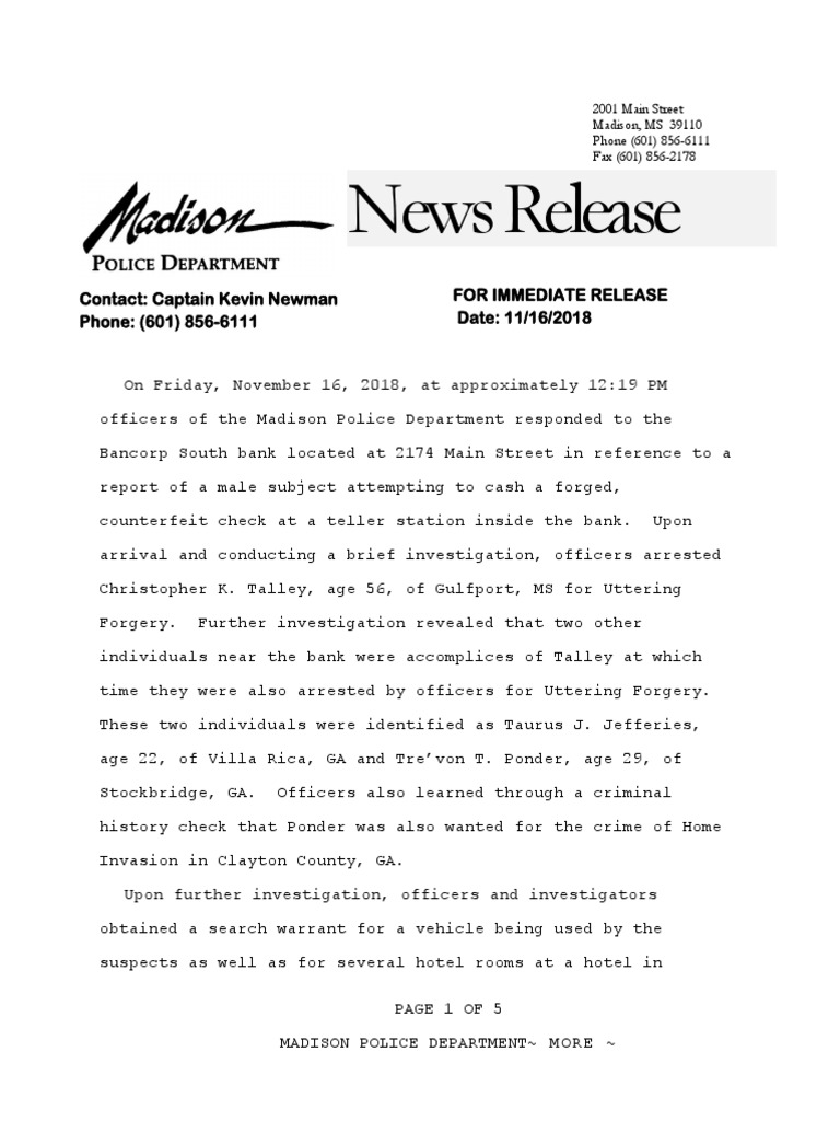 Media Release Check Forgery Arrests Madison | PDF | Arrest | Search Warrant