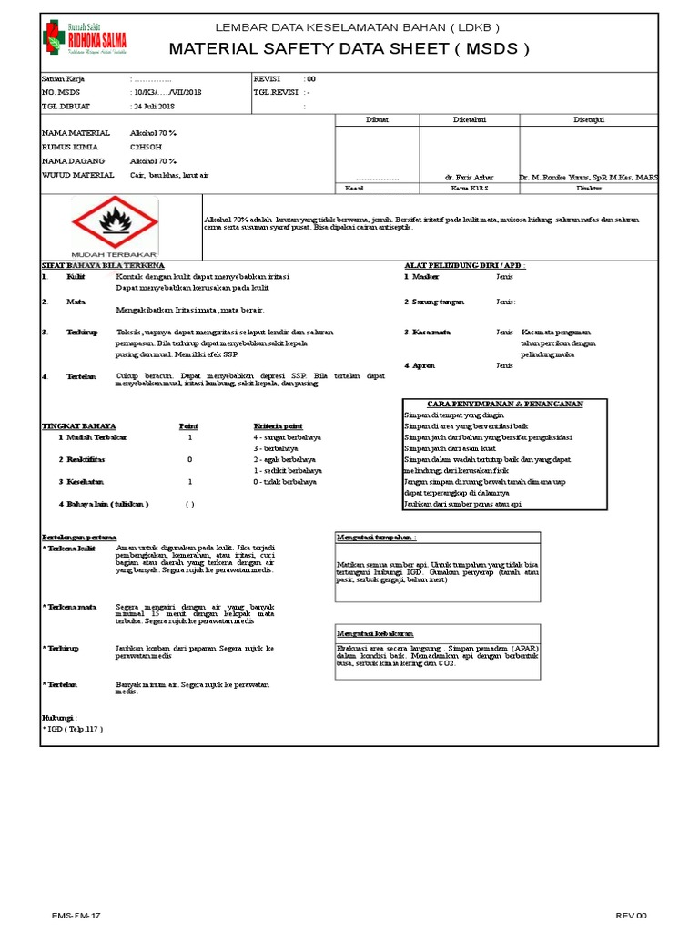 MSDS Bahan Kimia untuk K3 Rumah Sakit | PDF