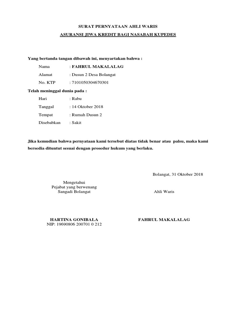 Surat Pernyataan Ahli Waris