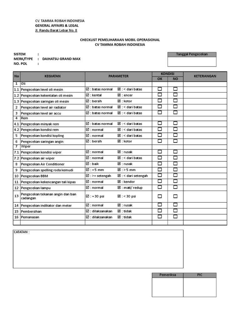 Checklist QC Mobil | PDF