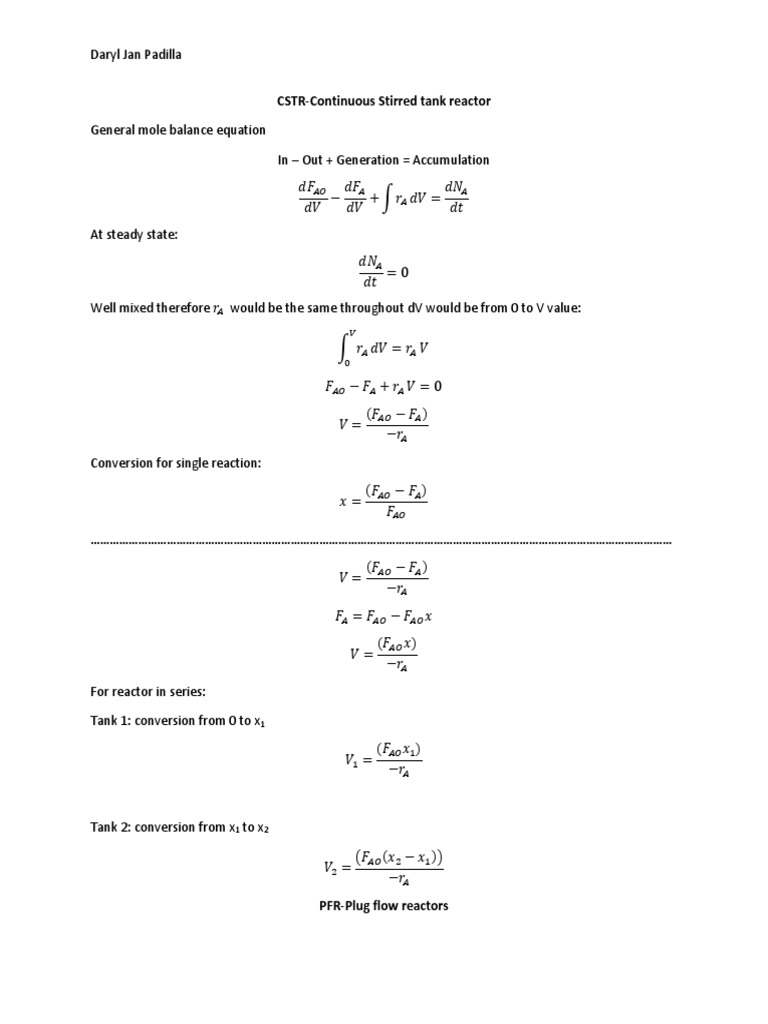 Plug Flow Reactor PDF Chemical Reactor Volume