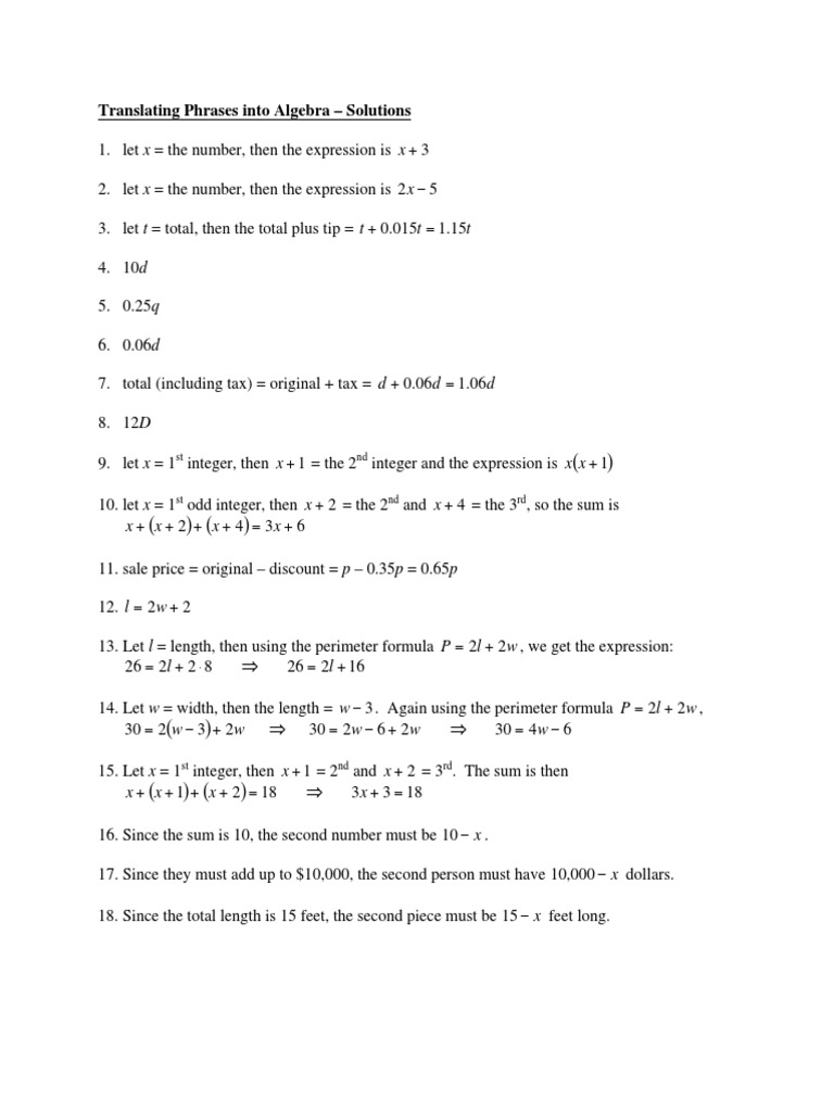 Algebra Phrase Translation Solutions | PDF | Algebra | Teaching Mathematics