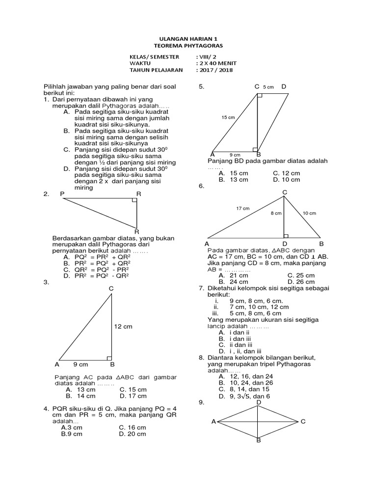 371524880 Soal Ulangan Teorema Pythagoras Kelas 8 Kurikulum 2013 Docx