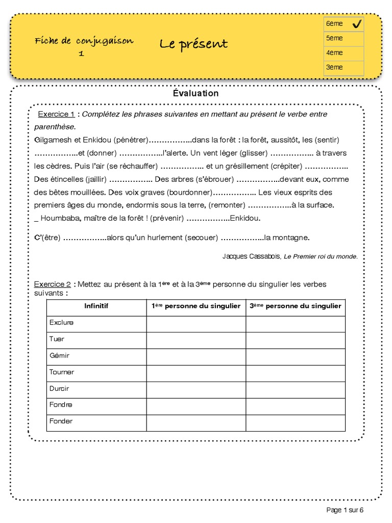évaluation Présent De L indicatif 6ème Pdf Présent-6ème-Évaluation - 1 PDF | PDF