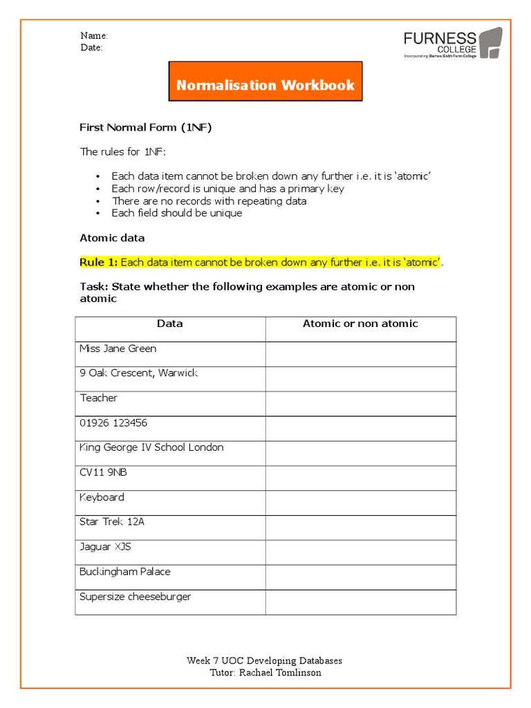 Normalisation Workbook: First Normal Form (1NF) | Download Free PDF ...