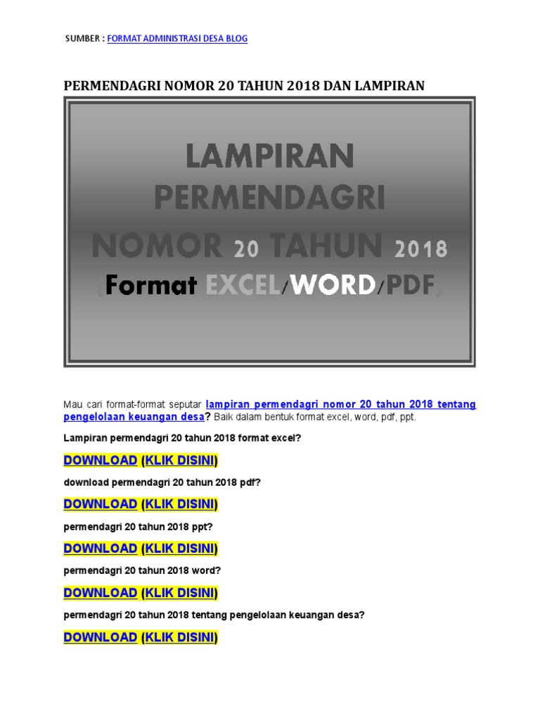 Format Excel Lampiran Permendagri Nomor 20 Tahun 2018  PDF