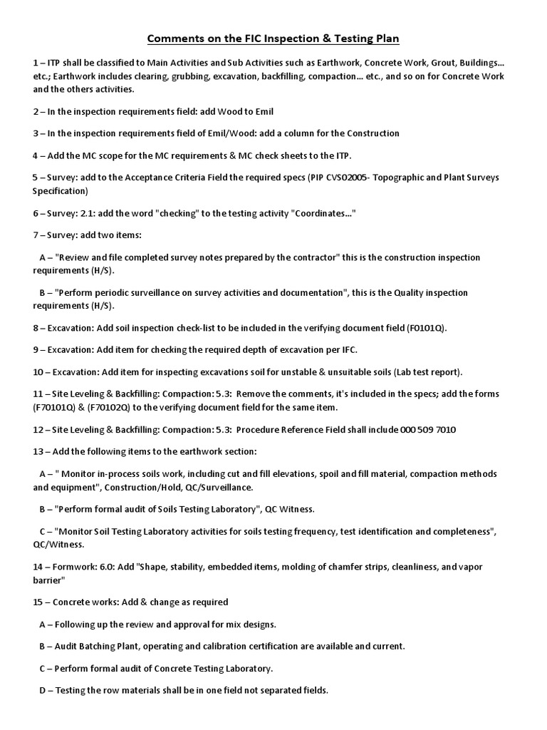 FIC Inspection & Testing Plan Overview | PDF | Asphalt | Concrete