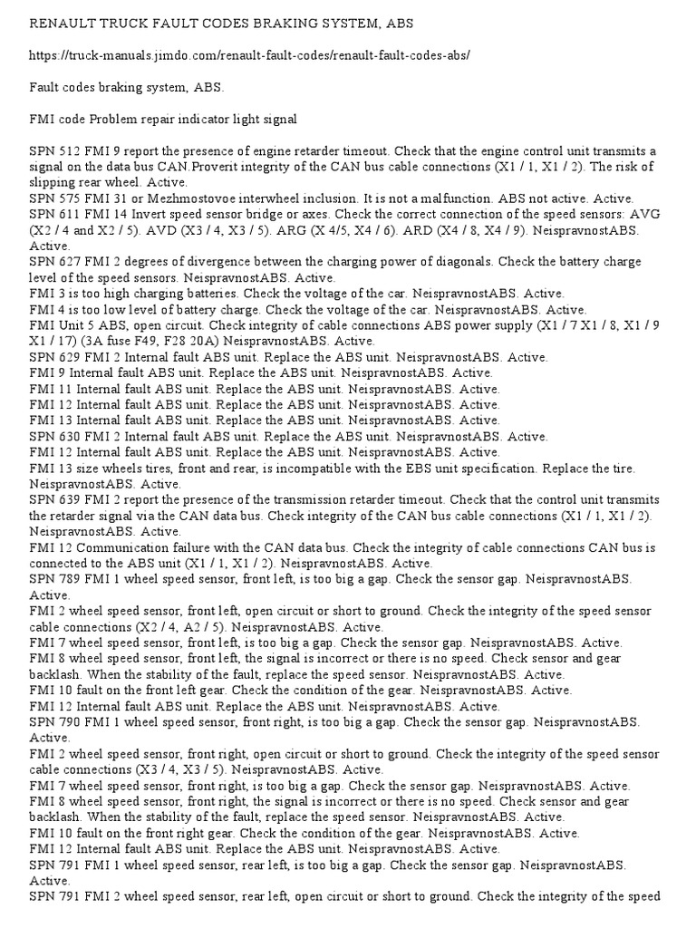 Renault Truck Fault Codes Braking System, Abs PDF Anti Lock Braking