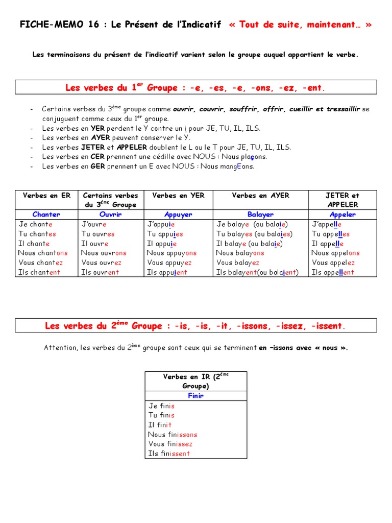 Présent De L indicatif Verbes Du 1er Groupe Exercices Pdf Fiche Memo 16 Present de L Indicatif PDF | PDF | Verbe | Mécanique du  langage