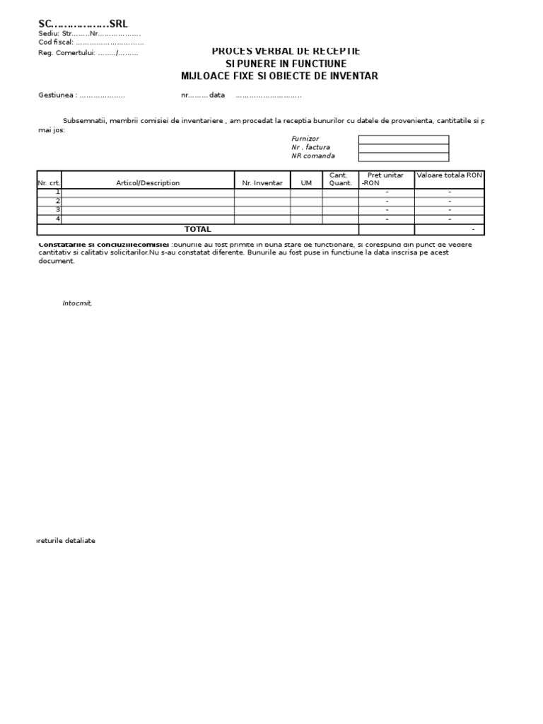 Anexa 7 Model Pv Receptie Mijloace Fixe