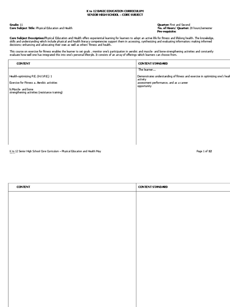 SHS Core - PE and Health CG | PDF | Physical Education | Physical Fitness